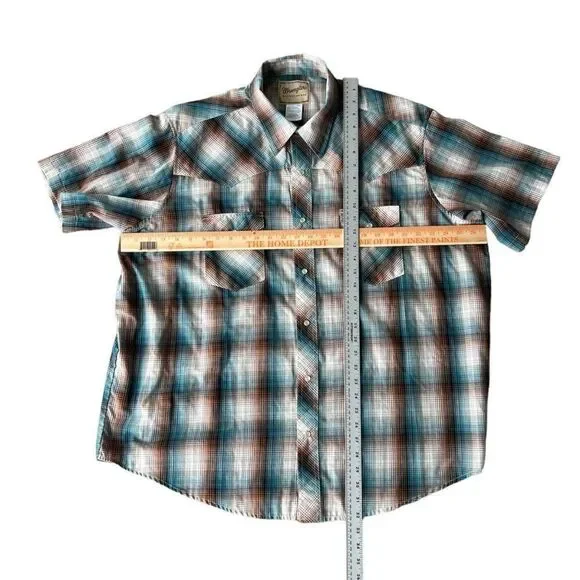 Wrangler Western Short Sleeve‎ Pearl Snap Shirt Cream / Blue / Brown Men's 2XL - Picture 4 of 6